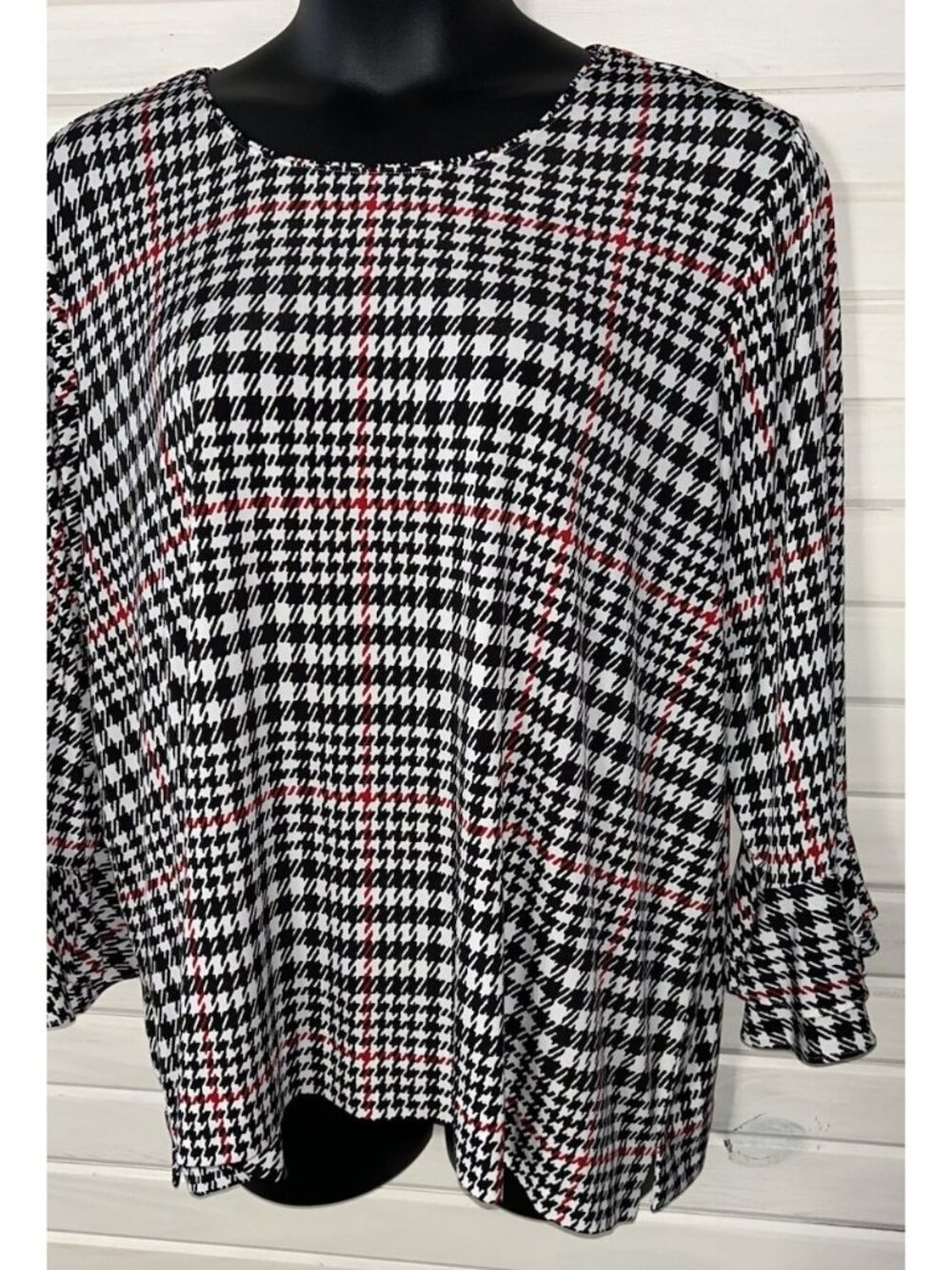 Karl Lagerfeld Sz PLUS 2X Liquid Knit Glen Plaid 3/4 Sleeve Top Pullover EUC